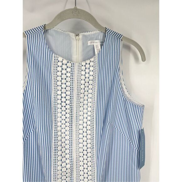 NEW London Times Sleeveless Blue White Lace Searsucker Stripe Shift Dress Size 6 - Picture 1 of 8